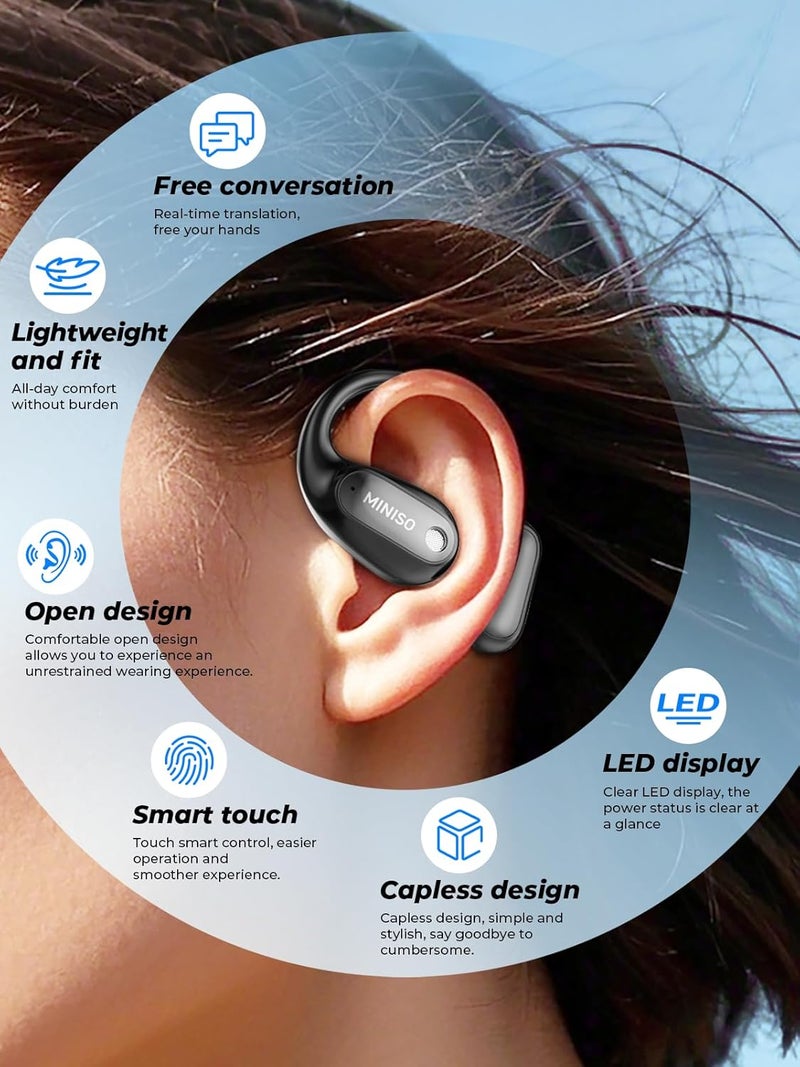 Miniso MS190 Language Translator Earbuds, AI Translation Earbuds Real Time with 135 Languages, Bluetooth 6.0, LED Display, Open-Ear Translation Headphones with APP, 60Hrs Playtime for Business - Image 4